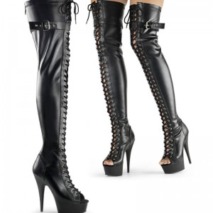 Pleaser Delight-3025 Vegan Leather レディース サイハイ ブーツ 黒 | URZFJPVTMN